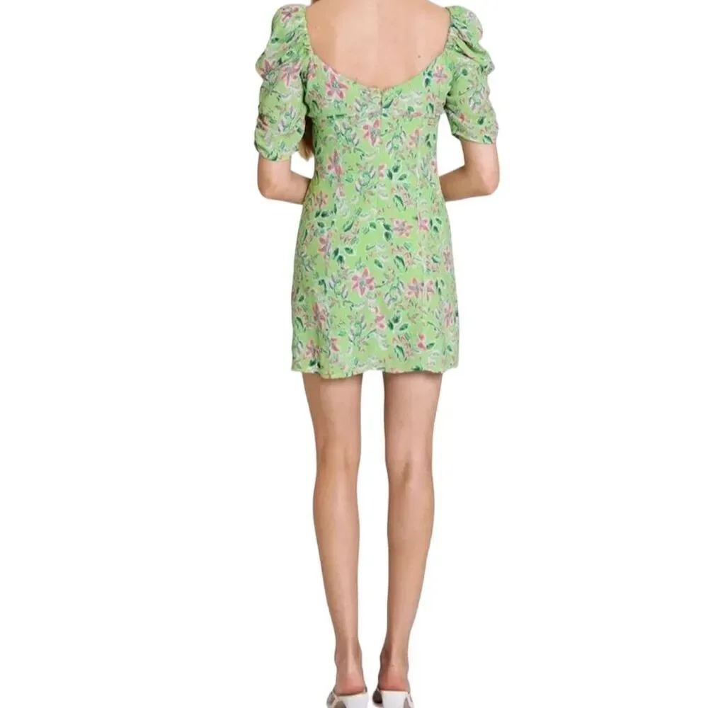WAYF Liv Green Floral Puff Sleeve Mini Dress Scoop Neck Back Tie Detail Size L - Picture 2 of 5